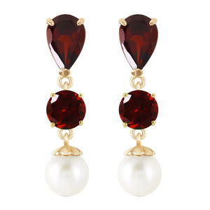 14K. GOLD CHANDELIER EARRING WITH GARNETS & PEARLS (Yellow Gold)